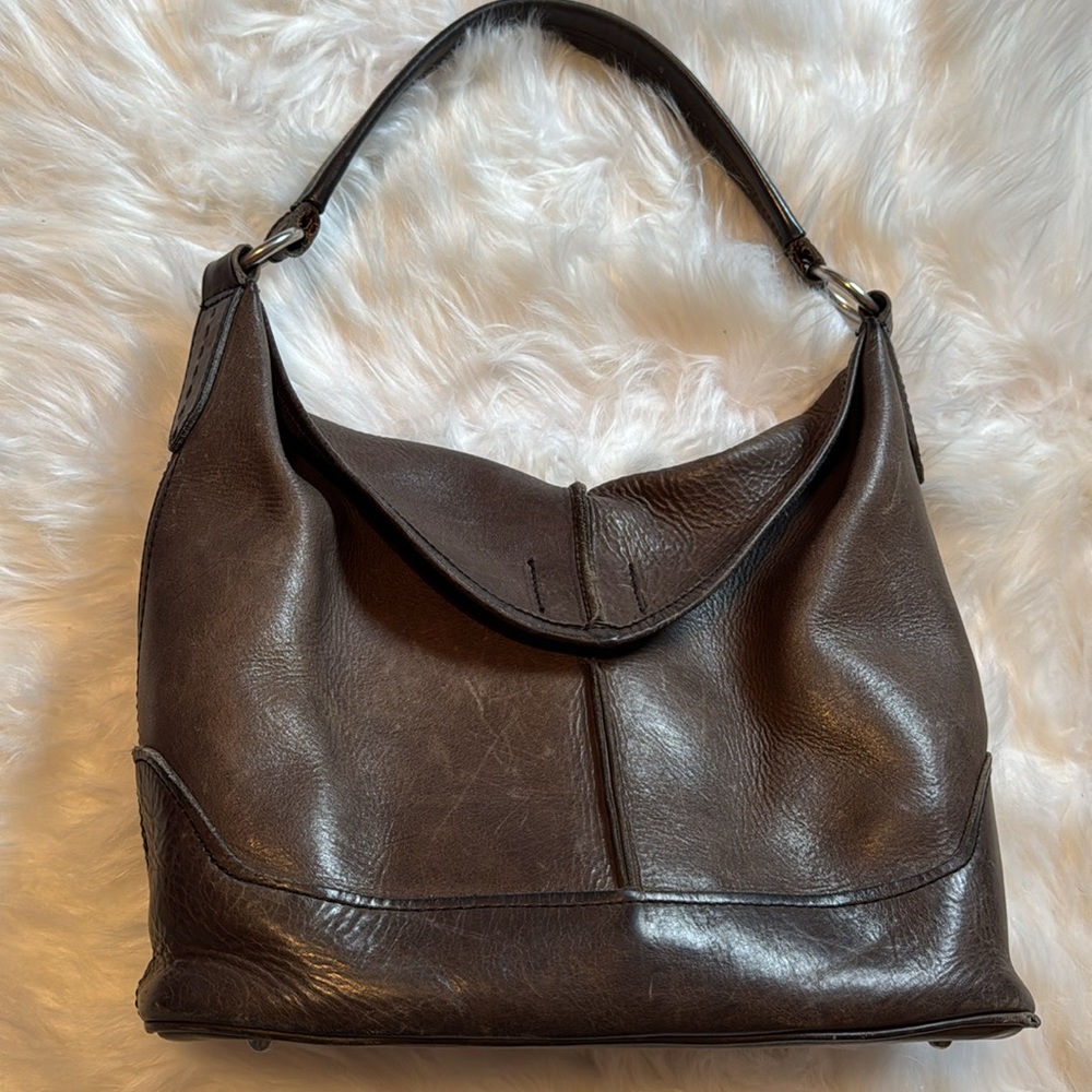 FRYE CARA Hobo Shoulder Bag Campus Smoke Olive Gray Brown Leather Fold Over